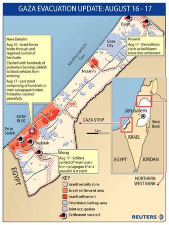 Israeli troops dragged settlers screaming and sobbing from homes and synagogues beginning a forced evacuation of Gaza settlements after nearly four decades of occupation, August 17, 2005.